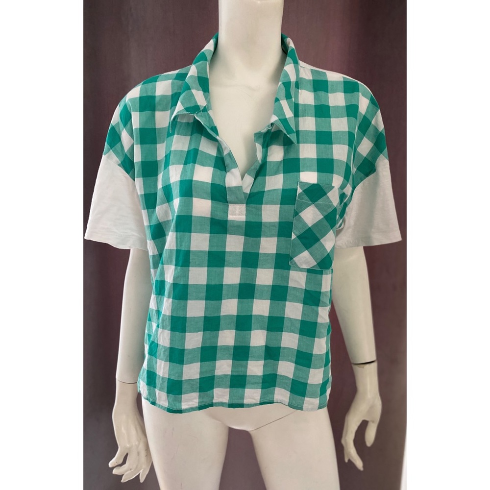 Anthropologie Porridge Green and White Gingham Top